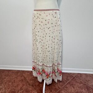 Boho Ptairie Floral Tiered Ruffle Maxi Skirt Women L Cream